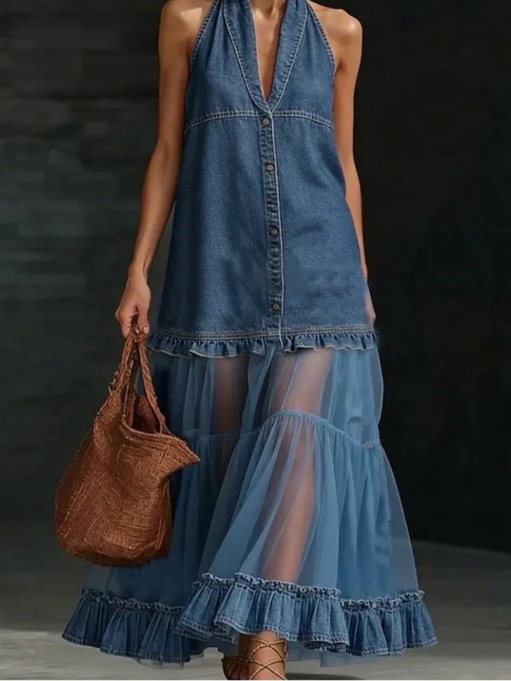 Denim Halter Maxi Dress with Sheer Tiered Skirt - Blue